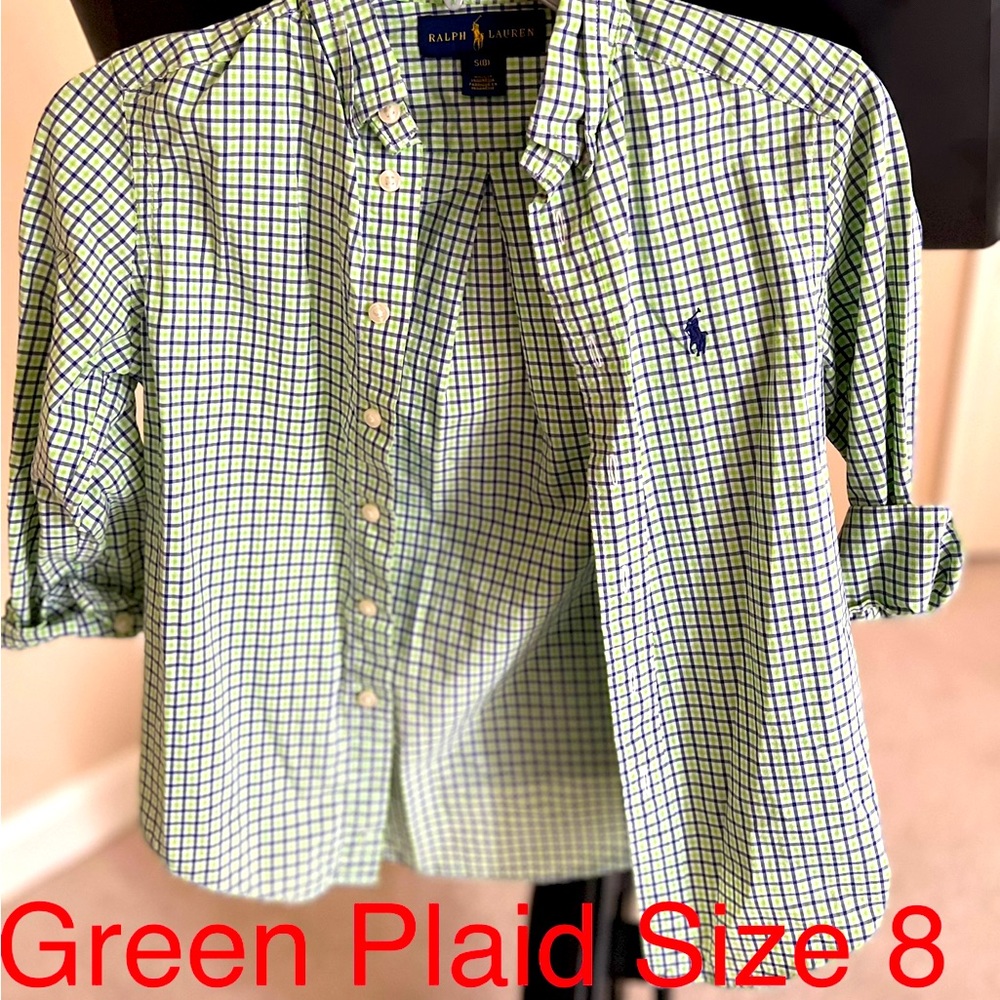 Boys polo plaid shirt, green white and blue size 8